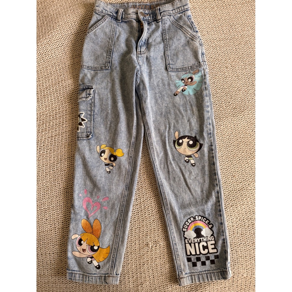 Justice Powerpuff Girls Girls Size 14 Light Wash Cargo Denim Jeans Graphic Pants